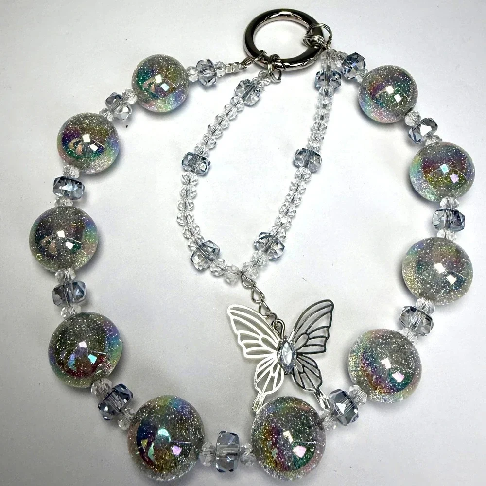 Fairycore‎ Iridescent Glitter Butterfly Beaded Bag Charm Keychain Y2K Whimsical